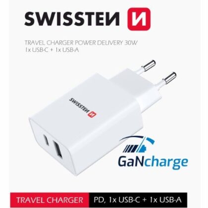 Swissten GaN Travel Charger PD 30W USB-C / USB 22037000 8595217479784