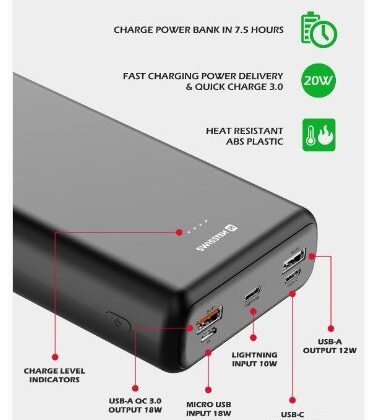 Swissten Line Power Power Bank 2xUSB / USB-C / Micro USB / Lightning / 20W / 30000 mAh 22013914 8595217479838