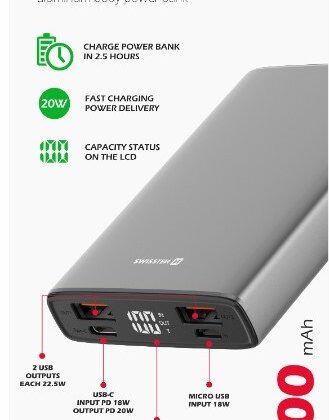 Swissten Aluminium Power Power Bank 2xUSB / USB-C / Micro USB / 20W / 10000 mAh 22013915 8595217479845