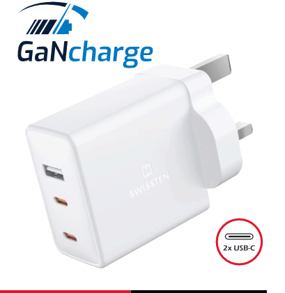 Swissten GaN Travel Charger 2x USB-C / USB for UK socket 70W 22045500 8595217480414