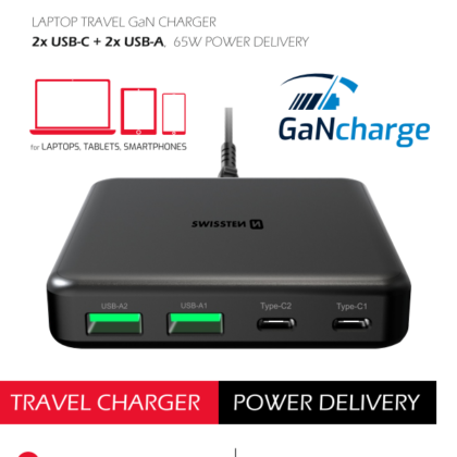 Swissten Desktop GaN Charger 2x USB-C /  2x USB / 65W 22057100 8595217482845