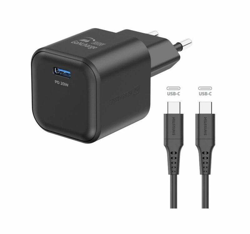 Swissten Travel Charger GaN USB-C 20W PD + Data Cable USB-C-USB-C 1.2m 22070130 8595217484382