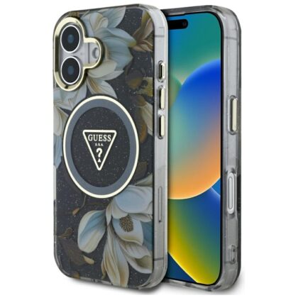 Guess Glitter Flowers Triangle Buttons MagSafe Protective cover for Apple iPhone 16 GUHMP16SHFLPEDK 3666339430818