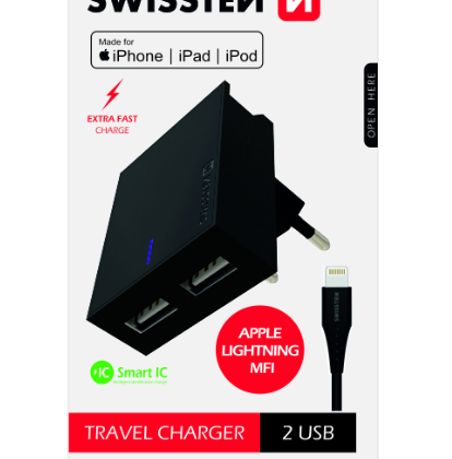 Swissten MFI Apple Certified Travel Charger USB 3А / 15W With Lightning Cable 1.2m SW-DET-3AWCLMFI-BK 8595217463301