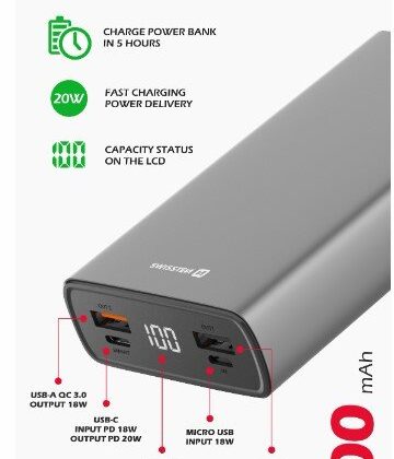 Swissten Aluminium Power Power Bank 2xUSB / USB-C / Micro USB / 20W / 20000 mAh 22013916 8595217479852