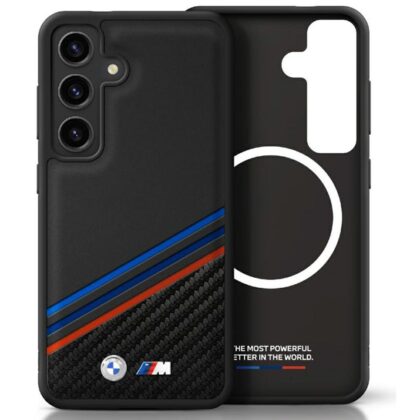 BMW Leather Tricolor Stripe with MagSafe Back Case for Samsung Galaxy S25 BMHMS25S24PUSTSC2K 3666339448813
