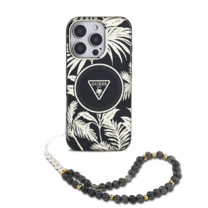 Guess IML Palm Trees Triangle Logo Pearl Strap MagSafe Case for Apple iPhone 16 Pro GUHMP16LHPCTPLSK 3666339431884