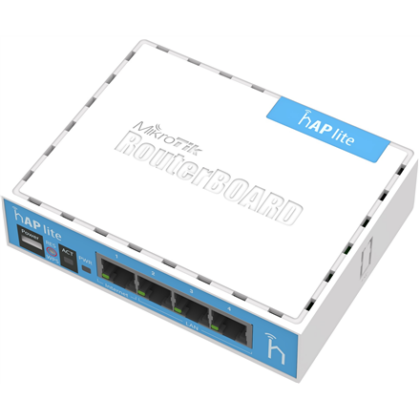 MikroTik | hAP Lite Classic | RB941-2nD | 802.11n | 10/100 Mbit/s | Ethernet LAN (RJ-45) ports 4 | Mesh Support No | MU-MiMO No | No mobile broadband | Antenna type Internal | 1xUSB | 12 month(s) RB941-2nD 4752224003126