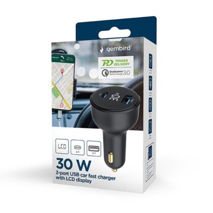 MOBILE CHARGER CAR USB 2PORT/TA-UC-AC2PD30LCD-CAR01 GEMBIRD  TA-UC-AC2PD30LCD-CAR-01 8716309129695